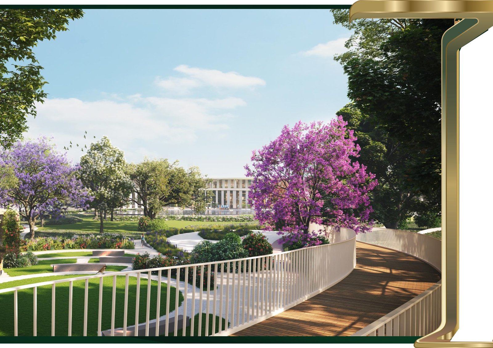 The Central Grove at GIC — jacaranda-lined walkway and skywalk at M3M Forestia West
