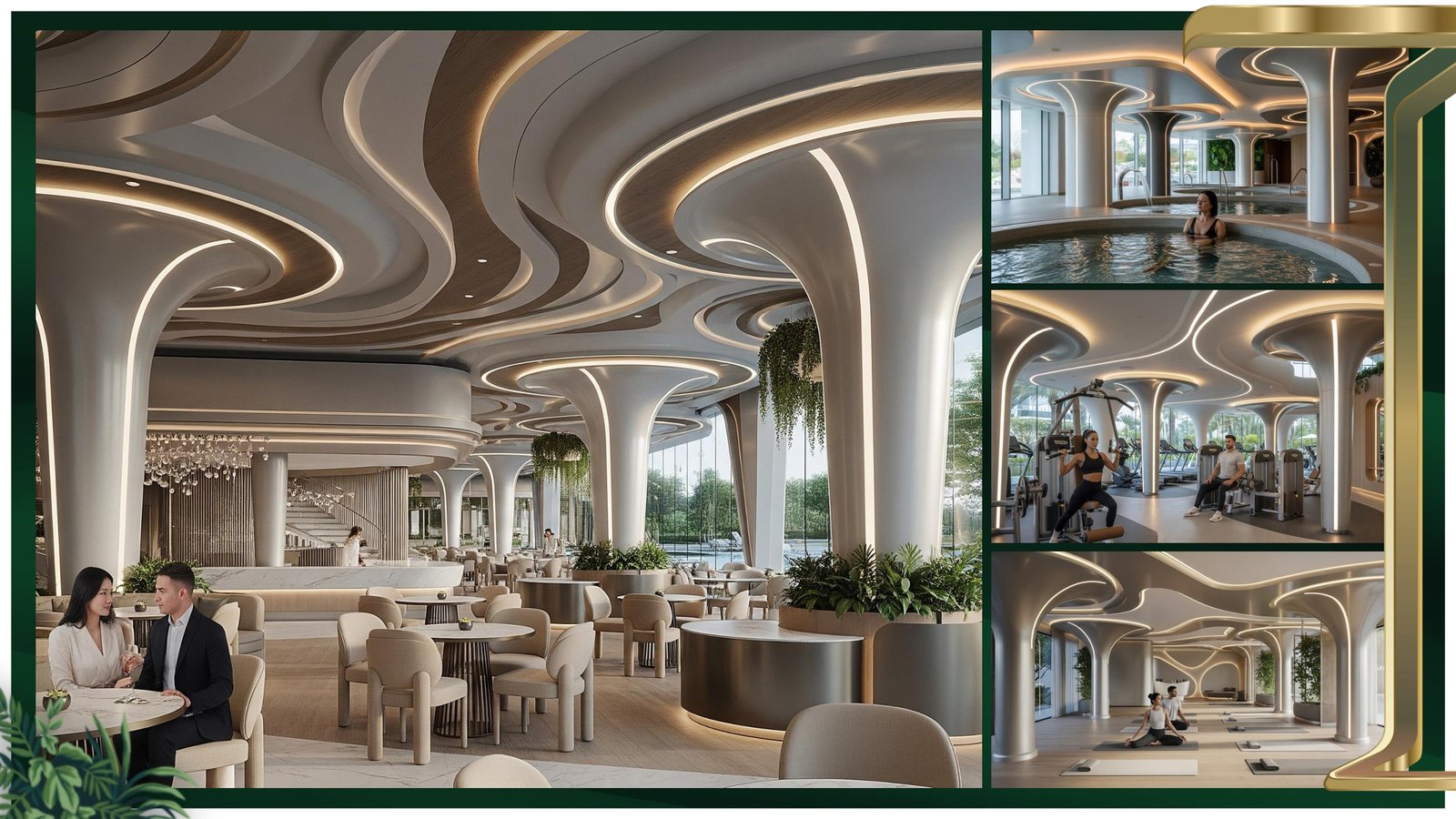 Cafe, spa pool, gym and yoga studio interiors at The Eden Club, M3M Forestia West