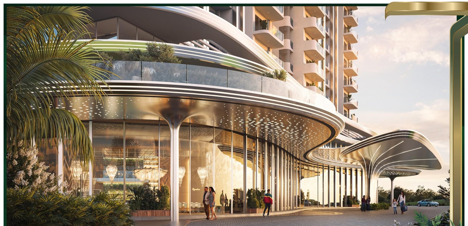 The Eden Club grand clubhouse arrival at M3M Forestia West, with lounge, chandeliers and porte-cochere