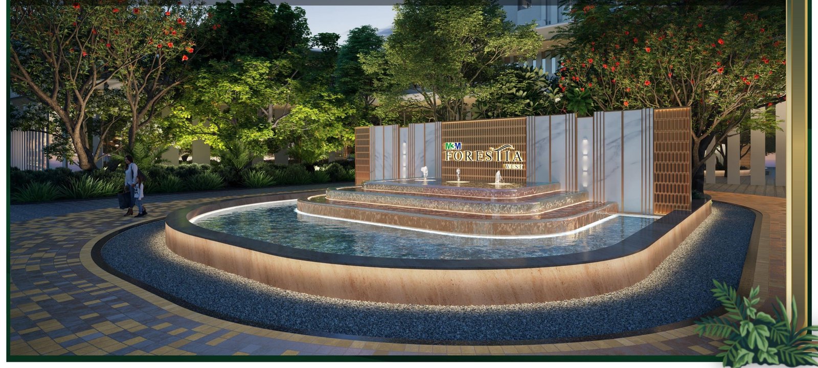 Grand entrance and water feature at M3M Forestia West, Gurgaon International City (GIC), Dwarka Expressway