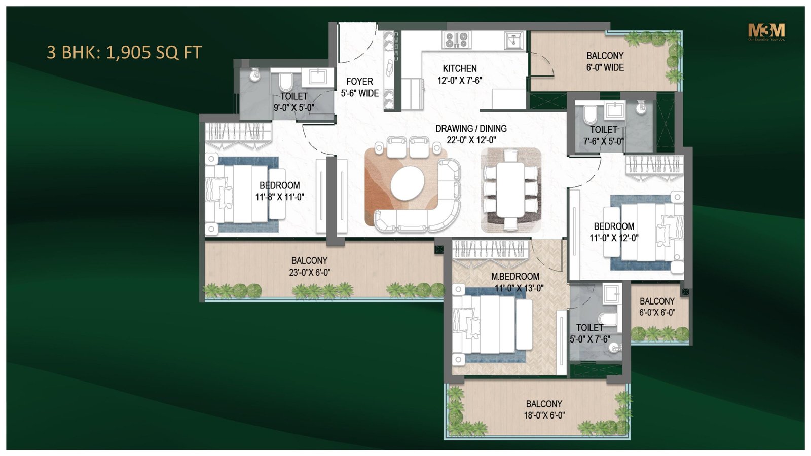 M3M Forestia West 3 BHK floor plan, 1,905 sq.ft. — drawing/dining, kitchen, master bedroom and two bedrooms with balconies