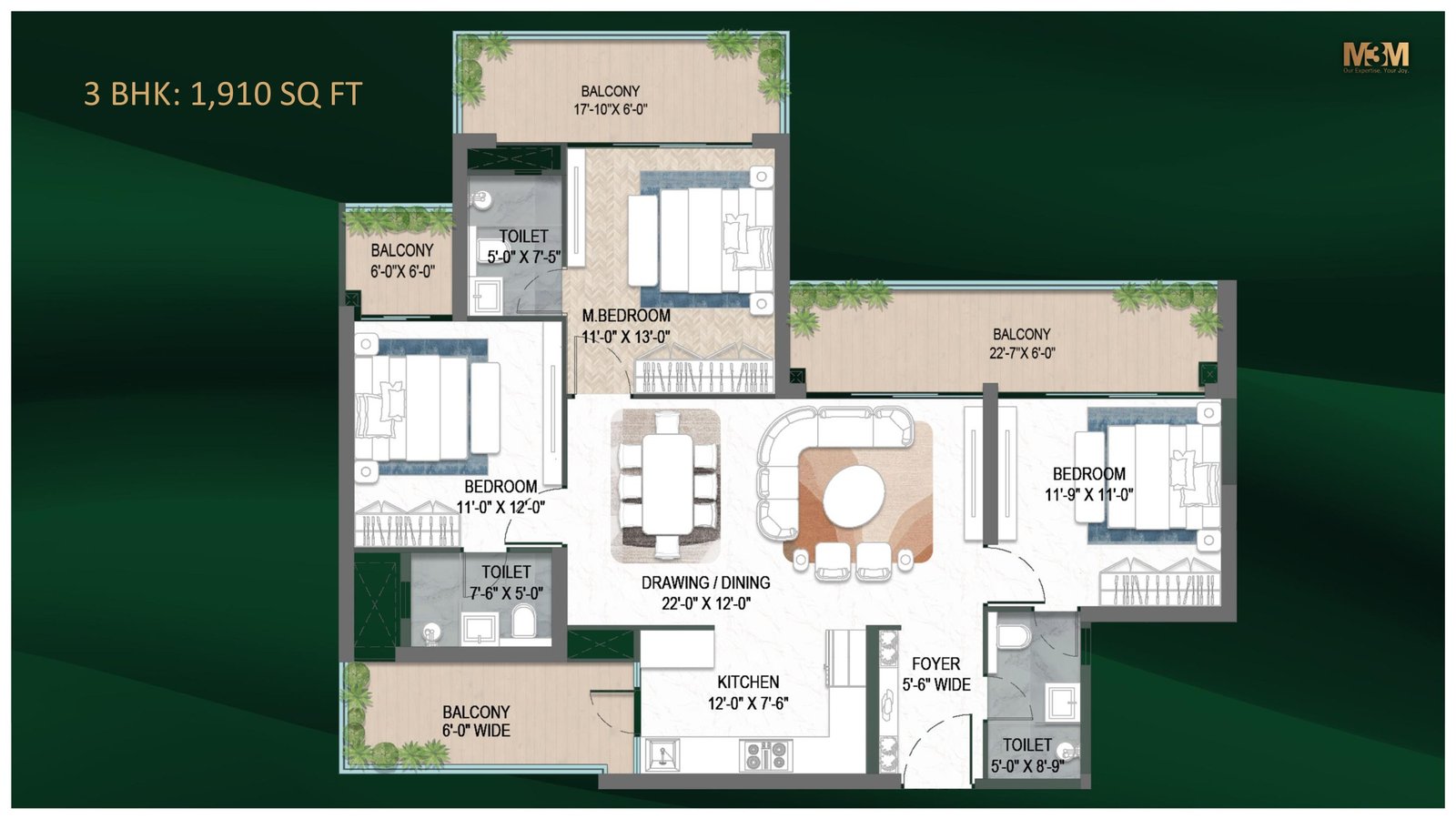 M3M Forestia West 3 BHK floor plan, 1,910 sq.ft. — drawing/dining, kitchen, master bedroom and two bedrooms with wraparound balconies