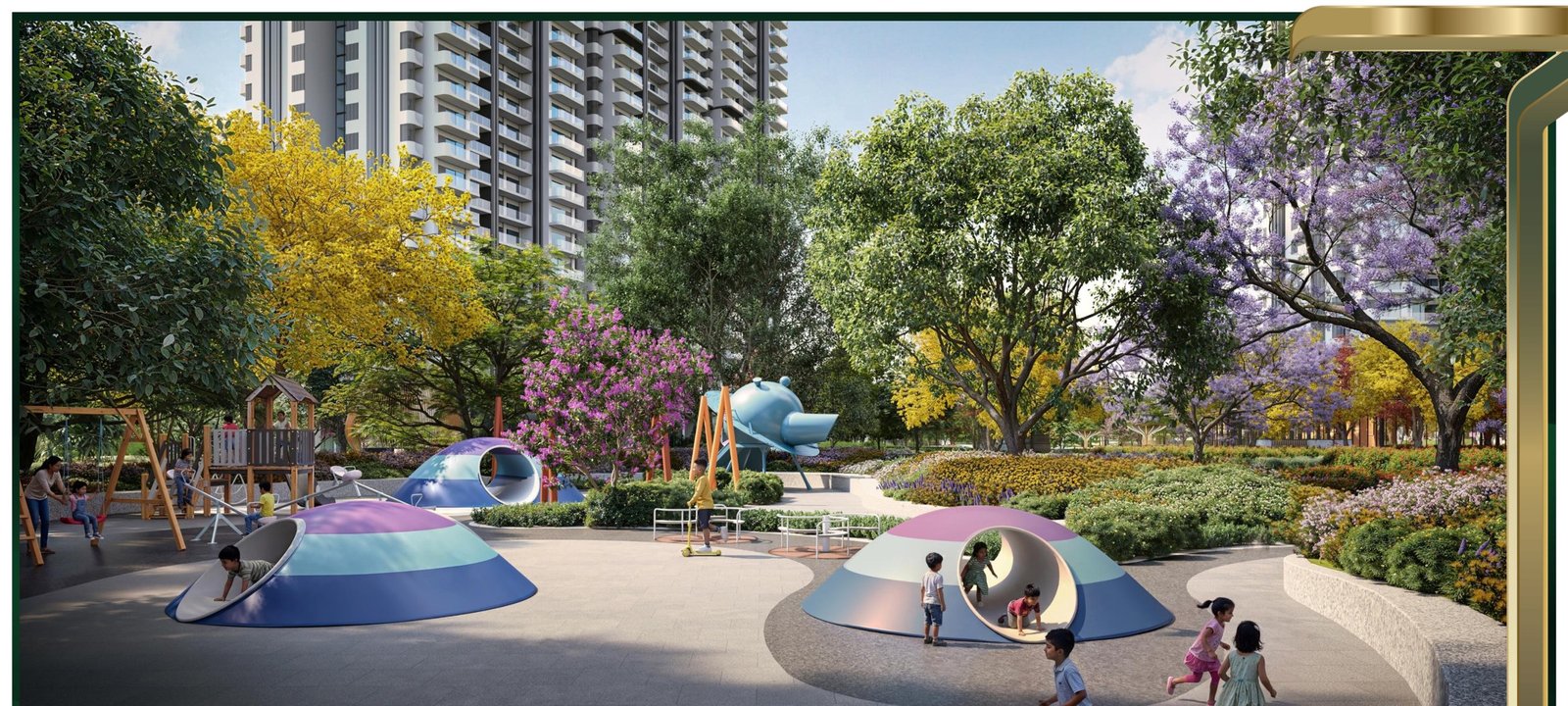 Kids Play Area at M3M Forestia West — a haven for every generation, set among jacaranda and flowering trees