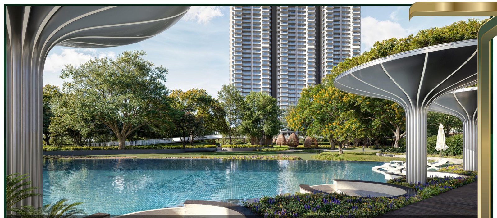 Leisure, family and kids pools at M3M Forestia West, set within nature with cabana seating