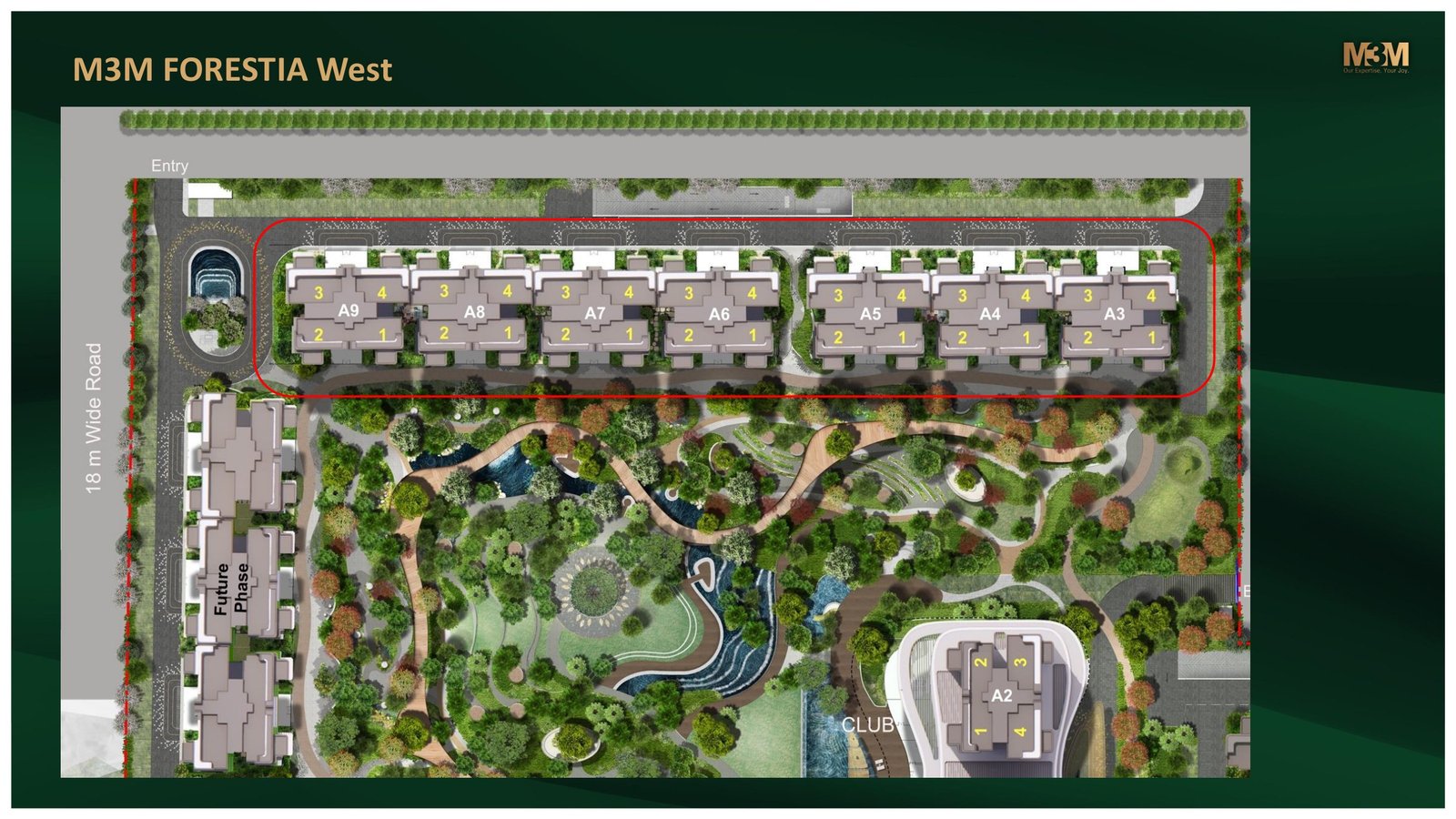 M3M Forestia West site plan — towers A9 to A3, club tower A2 and the Central Grove landscape, Gurgaon International City