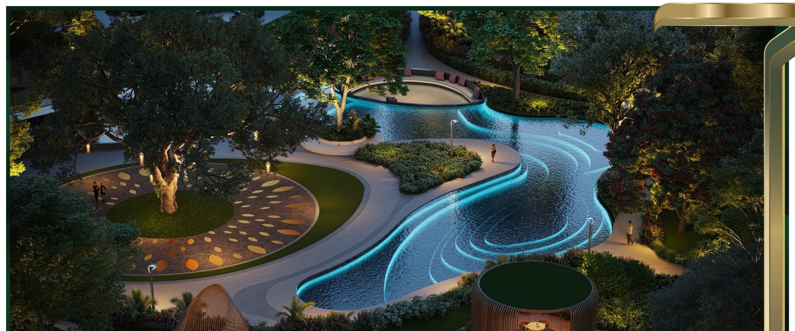 Water Park at Central Grove, M3M Forestia West — illuminated water channels and seating pavilions at night